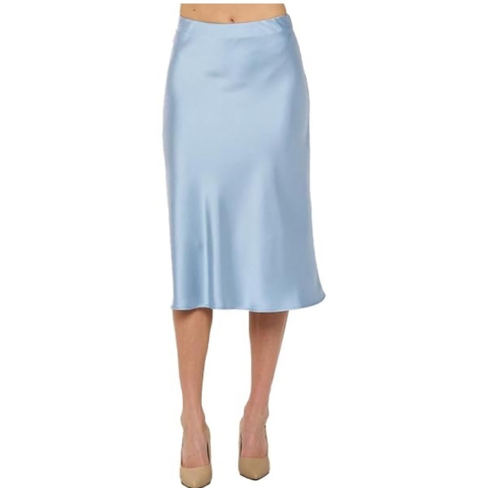 Elegant Light Blue Satin Midi Skirt